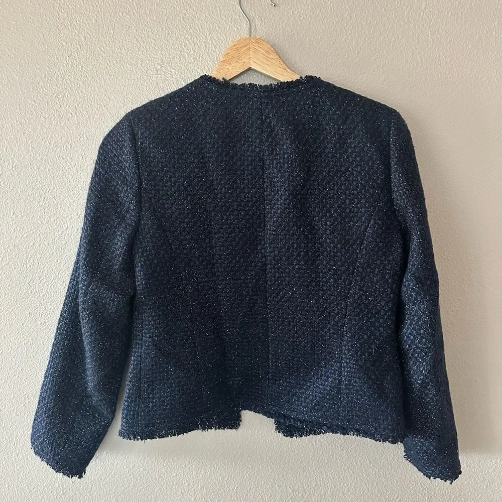 NWT J Crew Lurex Tweed Fringe Jacket Cardigan Sweater Navy Metallic Size 00